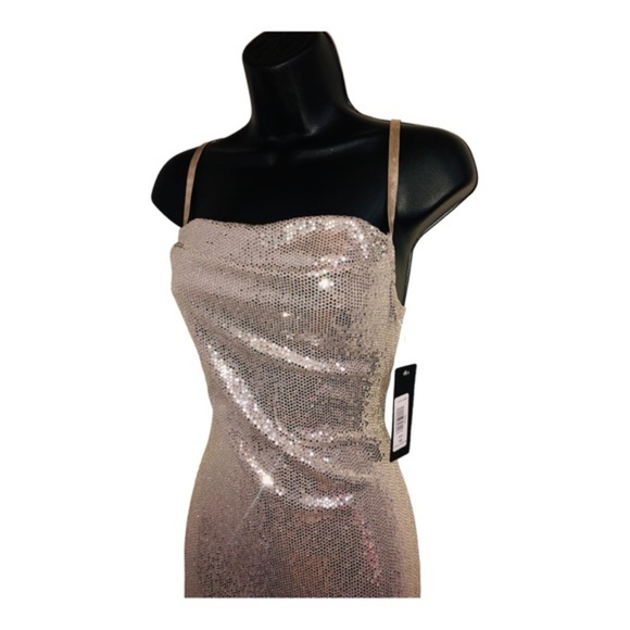 Bebe silver sequin cowl neck adjustable strap‎ slip style gown dress size large - Picture 5 of 15